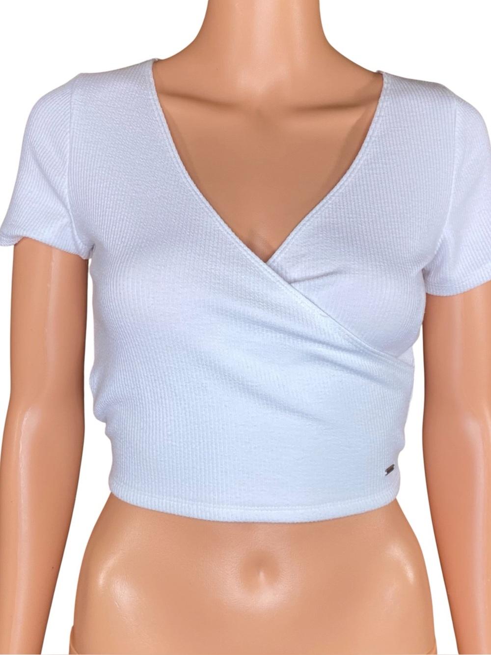 Hollister White Ribbed Wrap Crop Top Short Sleeve Deep V Neckline Size Small